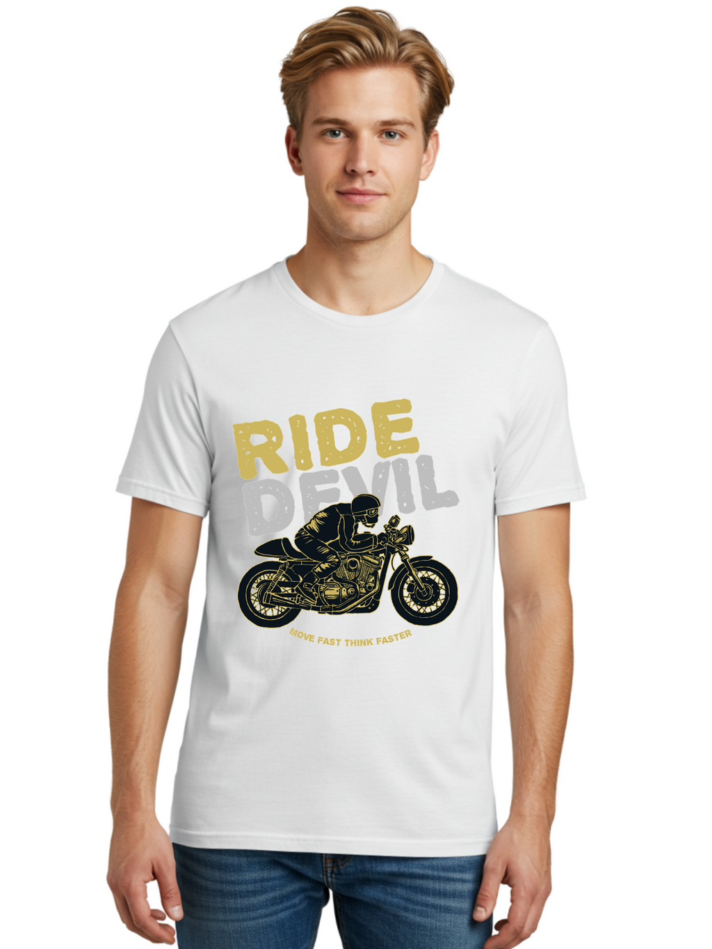 Ride Devil Men'S Graphic Tee, 100% Cotton, Comfortable Casual Summer Wear, Machine Washable, Motorcycle Rider, Devil May Care, Speed Demon, Fast Bike, Riding Gear, Motorcycle Culture, Biker Apparel, Ride Devil, Move Fast Think Faster Aae615