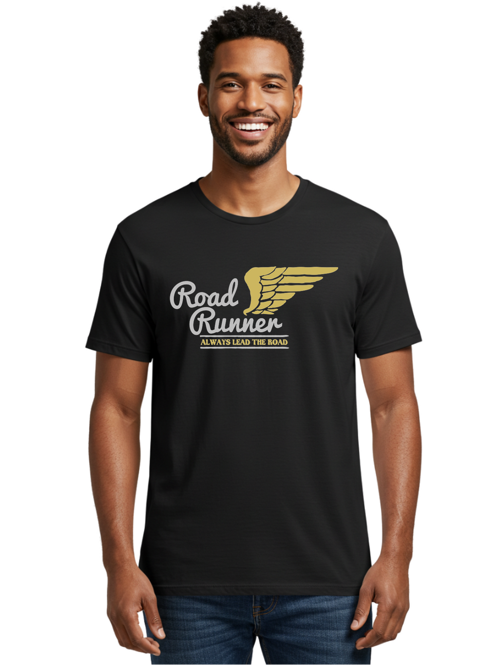 Road Runner Men'S Graphic Tee, 100% Cotton, Comfortable Casual Summer Wear, Machine Washable, Runner Logo, Wing Design, Road Runner, Always Lead The Road, Fitness Motivation, Running Inspiration, Speed, Wings, Road Runner Theme Aae617