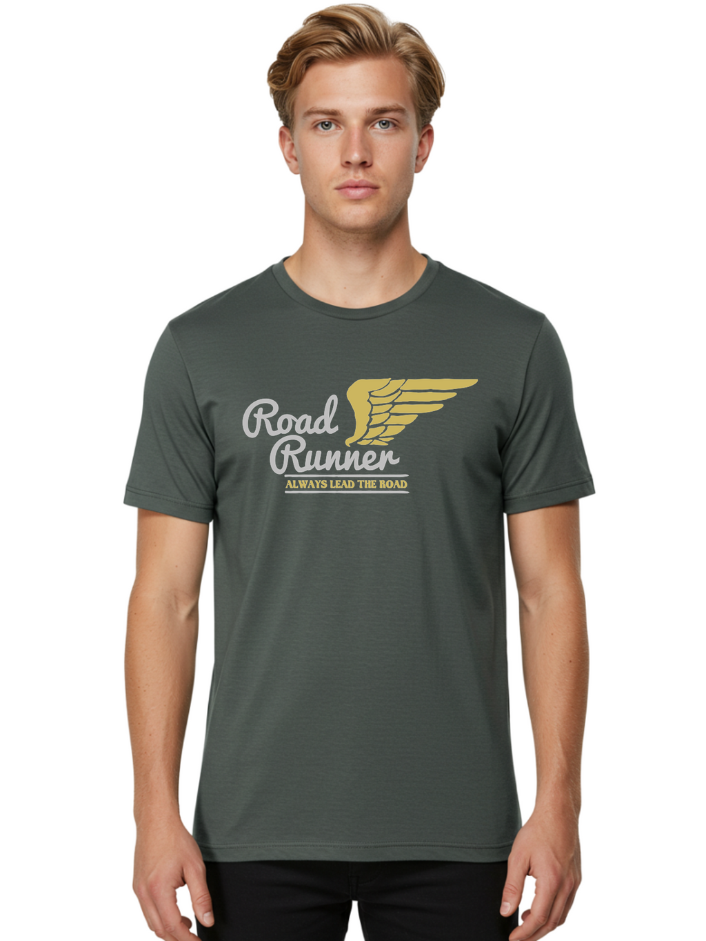 Road Runner Men'S Graphic Tee, 100% Cotton, Comfortable Casual Summer Wear, Machine Washable, Runner Logo, Wing Design, Road Runner, Always Lead The Road, Fitness Motivation, Running Inspiration, Speed, Wings, Road Runner Theme Aae617