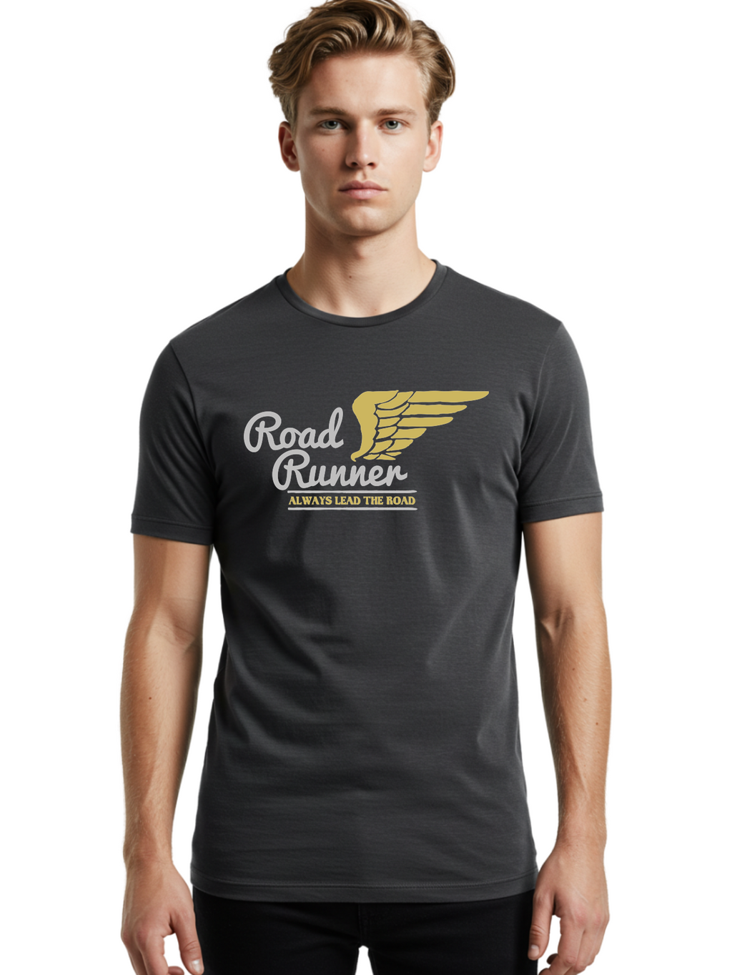 Road Runner Men'S Graphic Tee, 100% Cotton, Comfortable Casual Summer Wear, Machine Washable, Runner Logo, Wing Design, Road Runner, Always Lead The Road, Fitness Motivation, Running Inspiration, Speed, Wings, Road Runner Theme Aae617