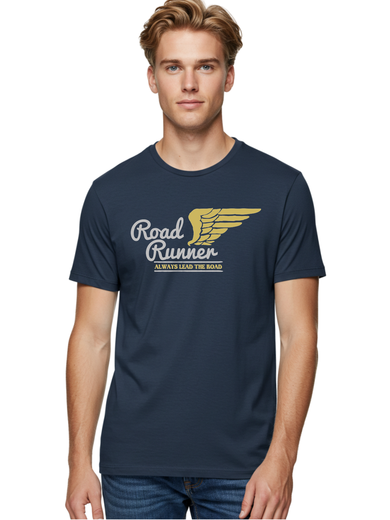 Road Runner Men'S Graphic Tee, 100% Cotton, Comfortable Casual Summer Wear, Machine Washable, Runner Logo, Wing Design, Road Runner, Always Lead The Road, Fitness Motivation, Running Inspiration, Speed, Wings, Road Runner Theme Aae617