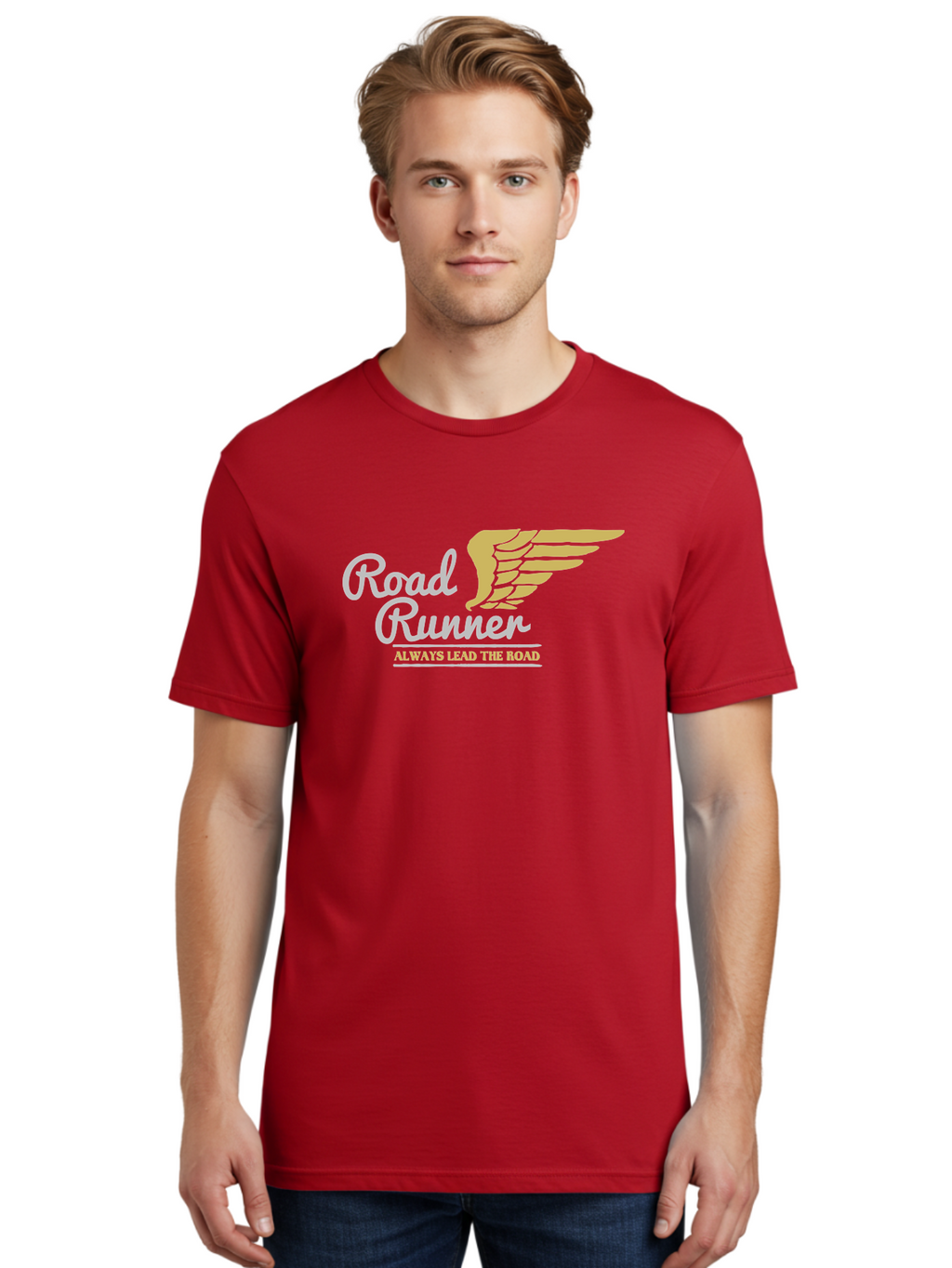Road Runner Men'S Graphic Tee, 100% Cotton, Comfortable Casual Summer Wear, Machine Washable, Runner Logo, Wing Design, Road Runner, Always Lead The Road, Fitness Motivation, Running Inspiration, Speed, Wings, Road Runner Theme Aae617
