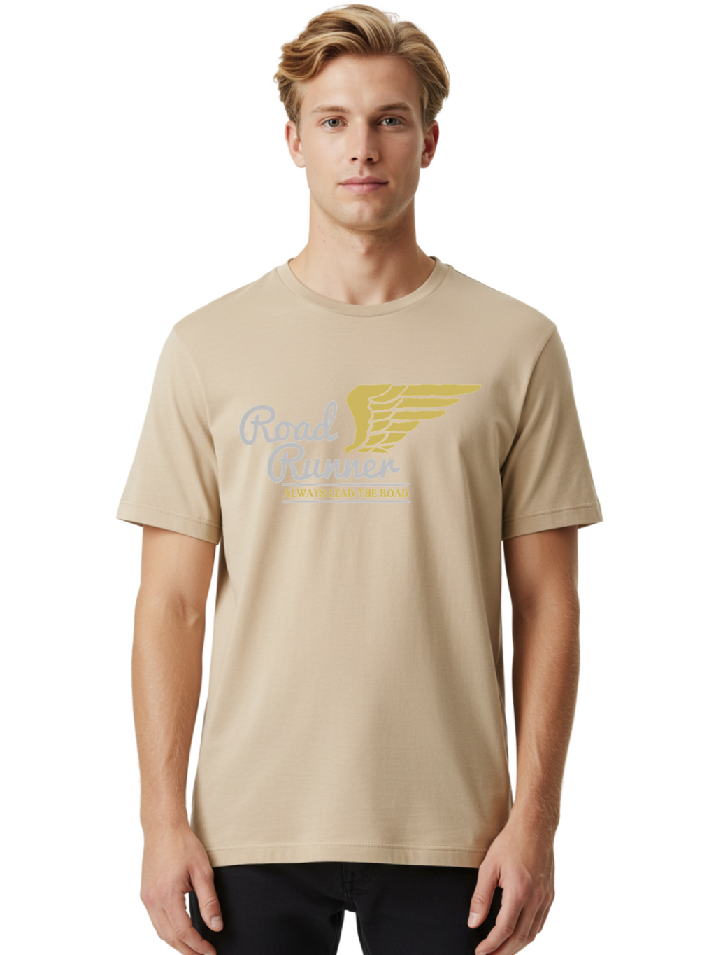 Road Runner Men'S Graphic Tee, 100% Cotton, Comfortable Casual Summer Wear, Machine Washable, Runner Logo, Wing Design, Road Runner, Always Lead The Road, Fitness Motivation, Running Inspiration, Speed, Wings, Road Runner Theme Aae617