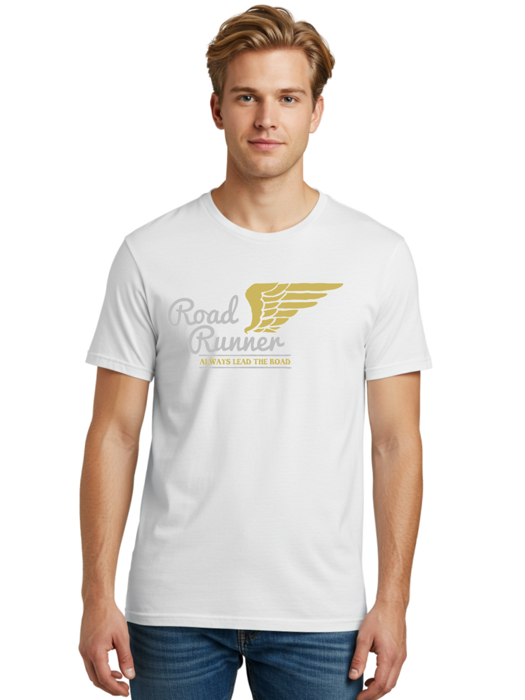 Road Runner Men'S Graphic Tee, 100% Cotton, Comfortable Casual Summer Wear, Machine Washable, Runner Logo, Wing Design, Road Runner, Always Lead The Road, Fitness Motivation, Running Inspiration, Speed, Wings, Road Runner Theme Aae617