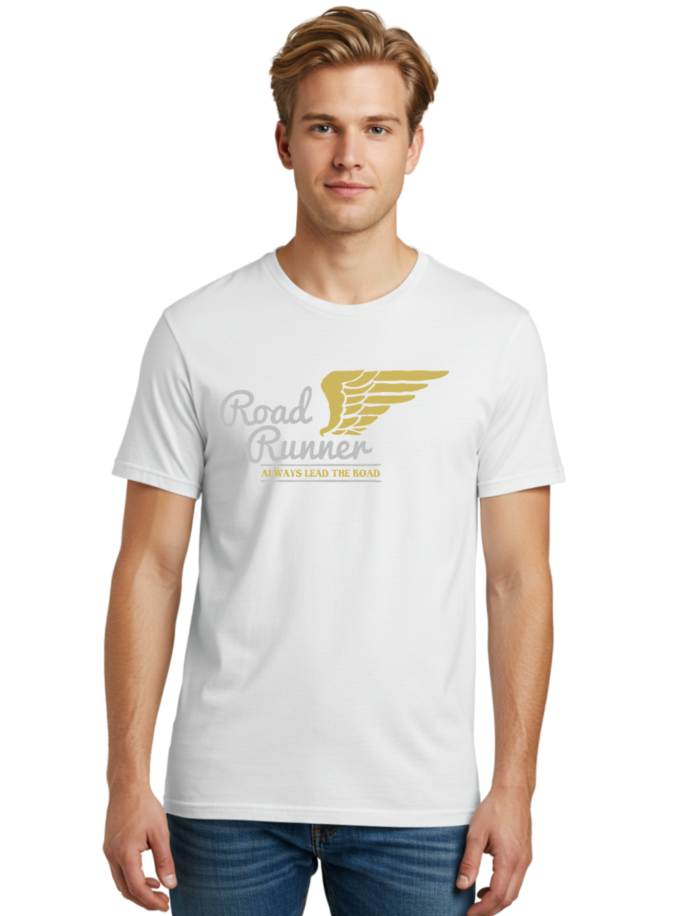 Road Runner Men'S Graphic Tee, 100% Cotton, Comfortable Casual Summer Wear, Machine Washable, Runner Logo, Wing Design, Road Runner, Always Lead The Road, Fitness Motivation, Running Inspiration, Speed, Wings, Road Runner Theme Aae617
