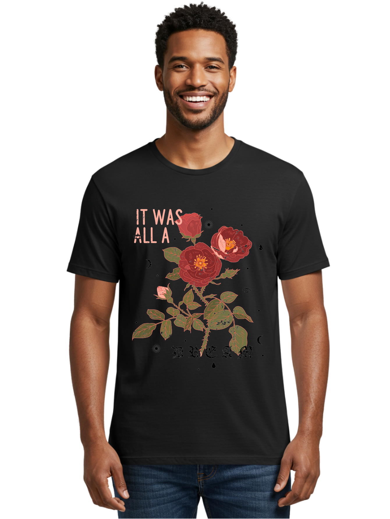Rose -Men Men'S Graphic Tee, 100% Cotton, Comfortable Casual Summer Wear, Machine Washable, Red Roses, Vintage Illustration, Floral Design, Dreamy Atmosphere, Symbolic Imagery, Retro Aesthetic, Mystical Vibes, Gothic Typography Aae619