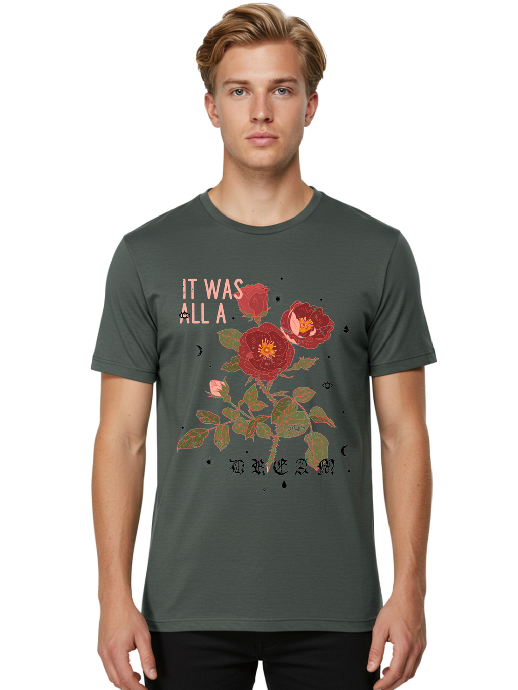 Rose -Men Men'S Graphic Tee, 100% Cotton, Comfortable Casual Summer Wear, Machine Washable, Red Roses, Vintage Illustration, Floral Design, Dreamy Atmosphere, Symbolic Imagery, Retro Aesthetic, Mystical Vibes, Gothic Typography Aae619