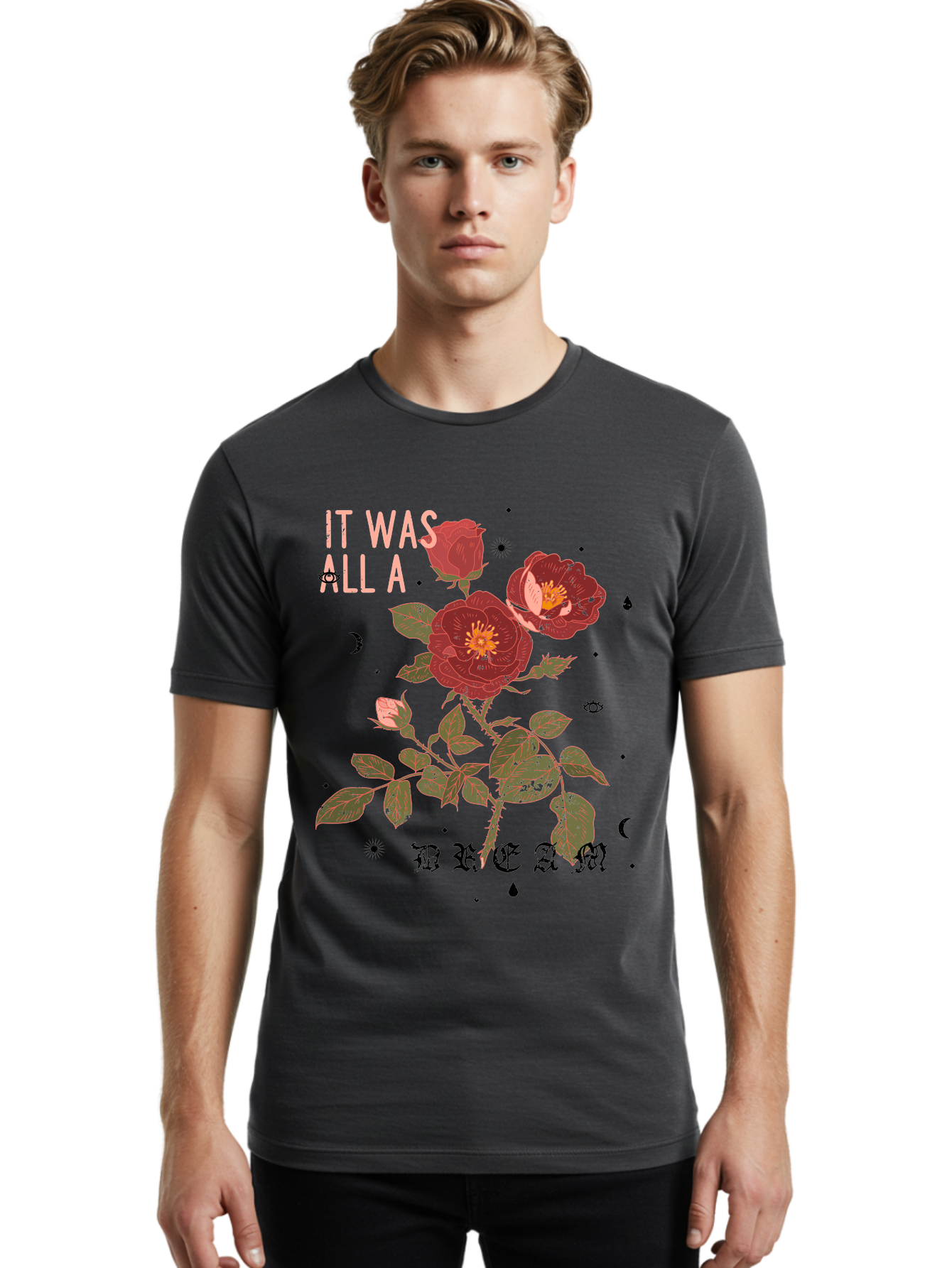 Rose -Men Men'S Graphic Tee, 100% Cotton, Comfortable Casual Summer Wear, Machine Washable, Red Roses, Vintage Illustration, Floral Design, Dreamy Atmosphere, Symbolic Imagery, Retro Aesthetic, Mystical Vibes, Gothic Typography Aae619