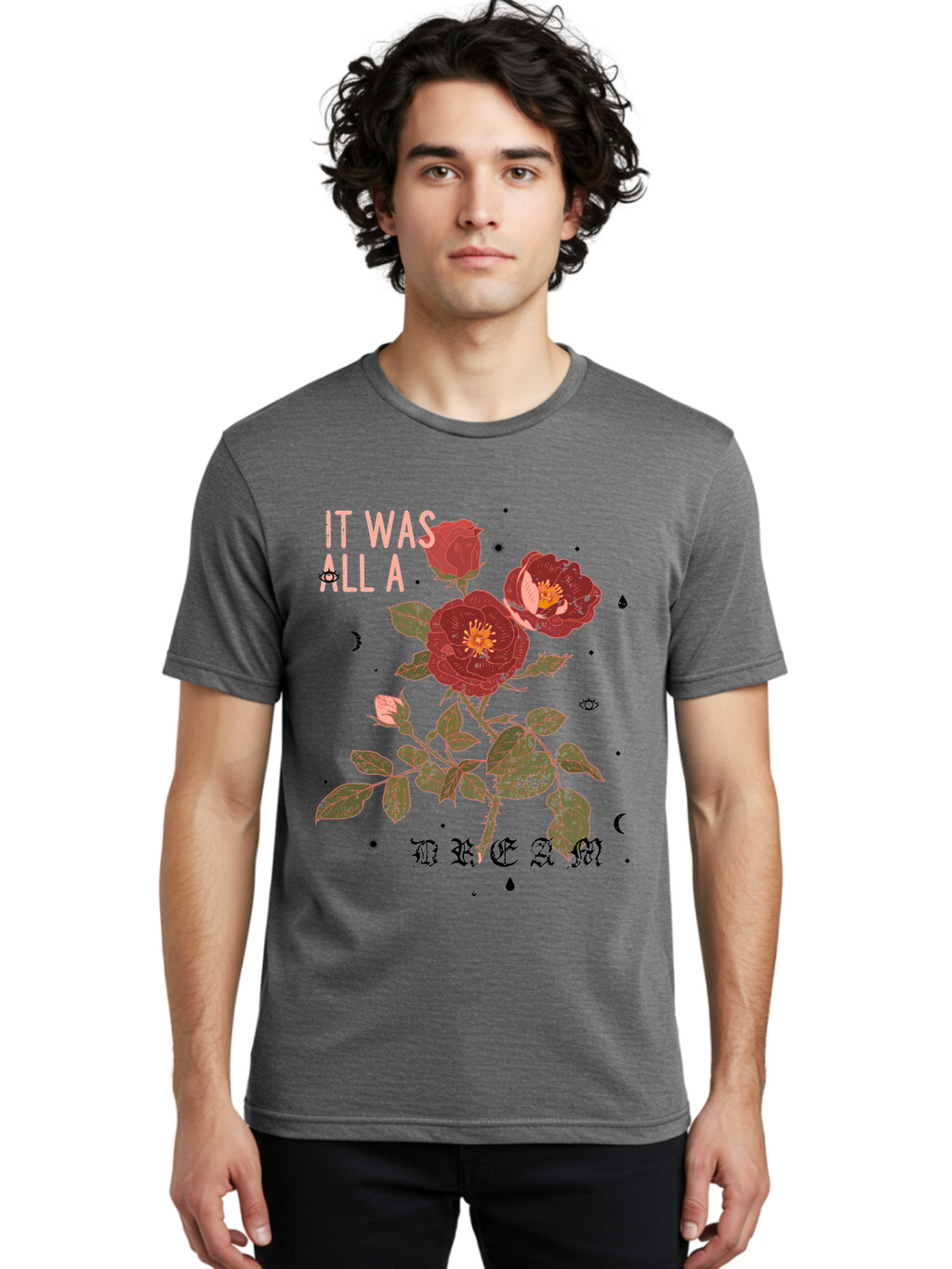 Rose -Men Men'S Graphic Tee, 100% Cotton, Comfortable Casual Summer Wear, Machine Washable, Red Roses, Vintage Illustration, Floral Design, Dreamy Atmosphere, Symbolic Imagery, Retro Aesthetic, Mystical Vibes, Gothic Typography Aae619