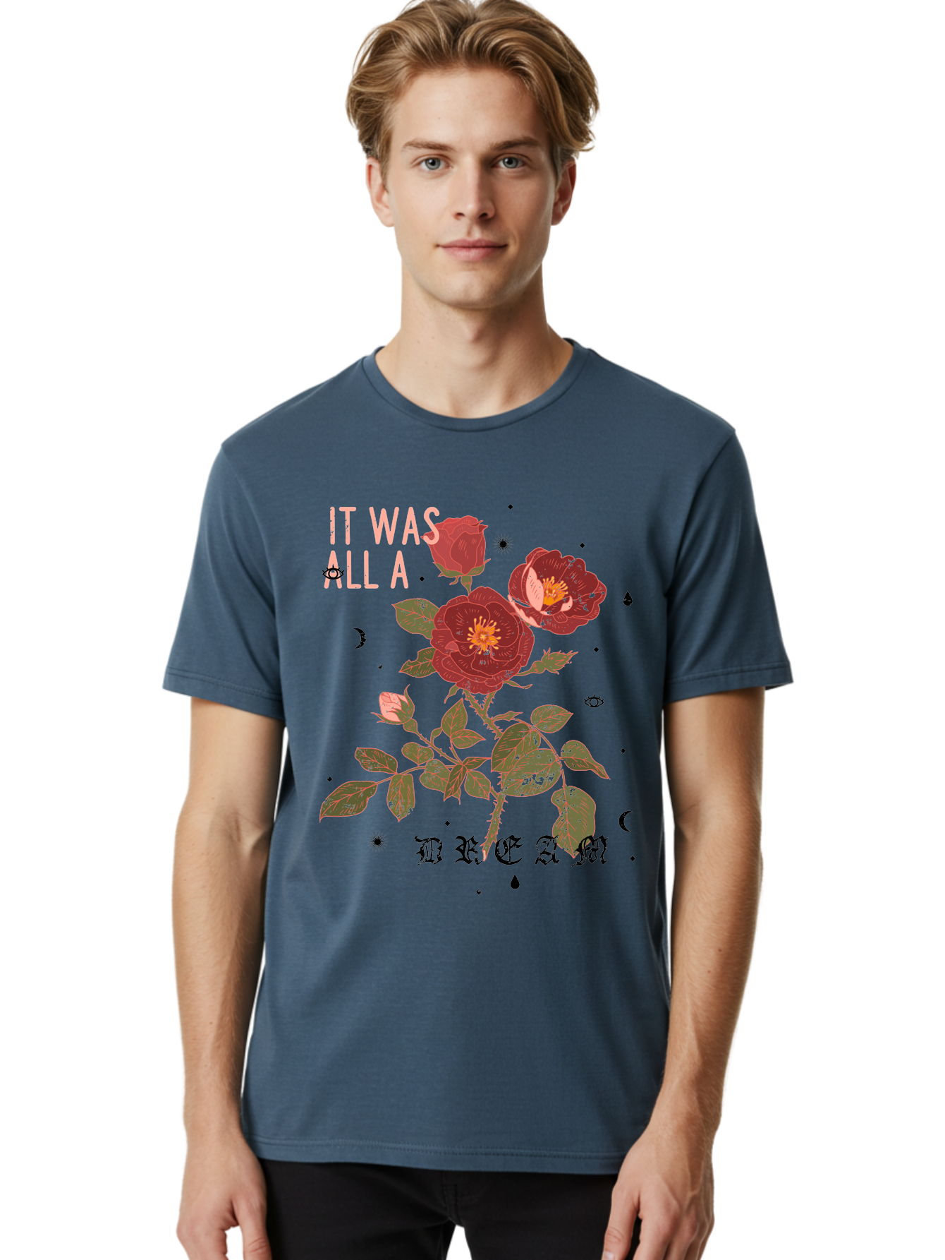 Rose -Men Men'S Graphic Tee, 100% Cotton, Comfortable Casual Summer Wear, Machine Washable, Red Roses, Vintage Illustration, Floral Design, Dreamy Atmosphere, Symbolic Imagery, Retro Aesthetic, Mystical Vibes, Gothic Typography Aae619