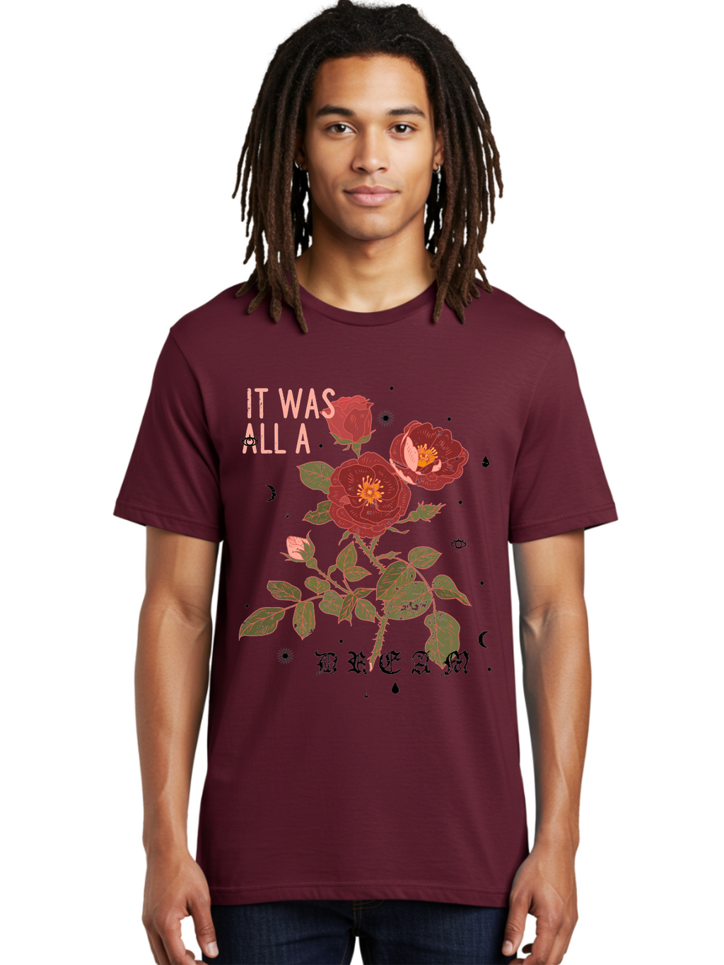 Rose -Men Men'S Graphic Tee, 100% Cotton, Comfortable Casual Summer Wear, Machine Washable, Red Roses, Vintage Illustration, Floral Design, Dreamy Atmosphere, Symbolic Imagery, Retro Aesthetic, Mystical Vibes, Gothic Typography Aae619