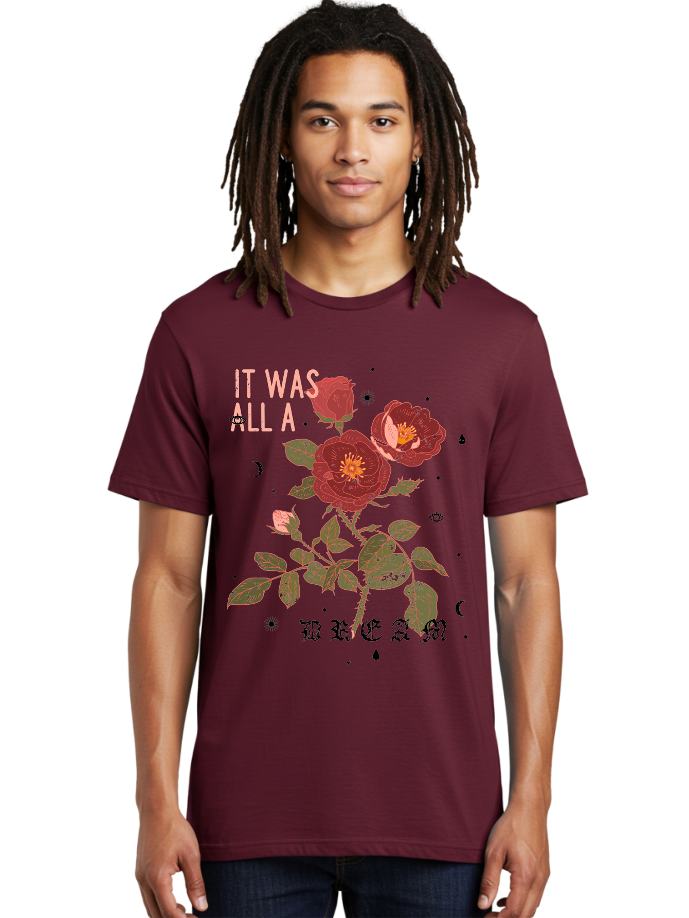 Rose -Men Men'S Graphic Tee, 100% Cotton, Comfortable Casual Summer Wear, Machine Washable, Red Roses, Vintage Illustration, Floral Design, Dreamy Atmosphere, Symbolic Imagery, Retro Aesthetic, Mystical Vibes, Gothic Typography Aae619