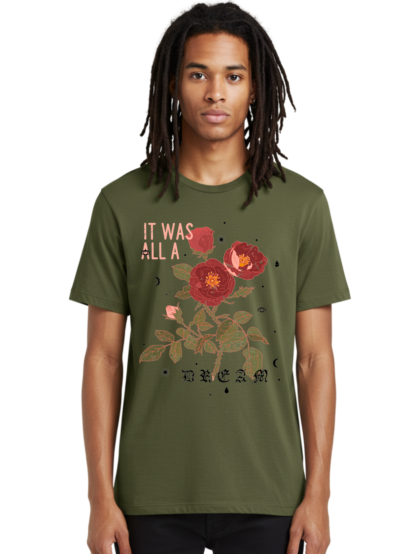 Rose -Men Men'S Graphic Tee, 100% Cotton, Comfortable Casual Summer Wear, Machine Washable, Red Roses, Vintage Illustration, Floral Design, Dreamy Atmosphere, Symbolic Imagery, Retro Aesthetic, Mystical Vibes, Gothic Typography Aae619
