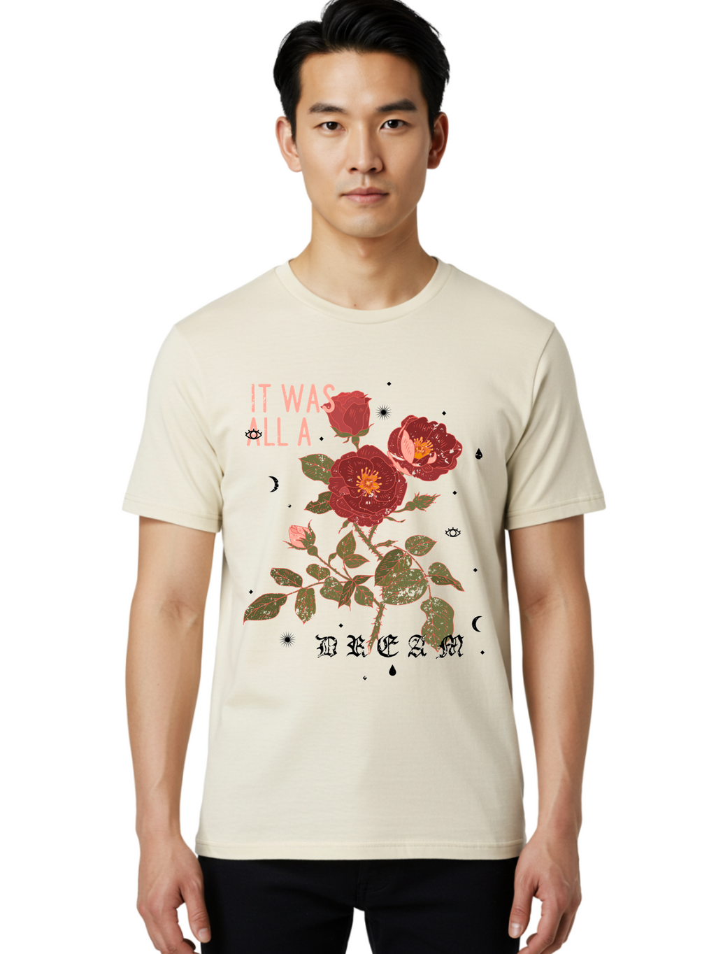 Rose -Men Men'S Graphic Tee, 100% Cotton, Comfortable Casual Summer Wear, Machine Washable, Red Roses, Vintage Illustration, Floral Design, Dreamy Atmosphere, Symbolic Imagery, Retro Aesthetic, Mystical Vibes, Gothic Typography Aae619