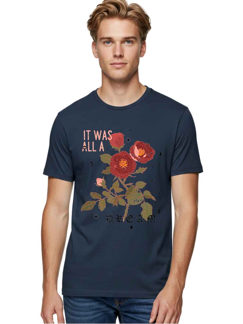 Rose -Men Men'S Graphic Tee, 100% Cotton, Comfortable Casual Summer Wear, Machine Washable, Red Roses, Vintage Illustration, Floral Design, Dreamy Atmosphere, Symbolic Imagery, Retro Aesthetic, Mystical Vibes, Gothic Typography Aae619
