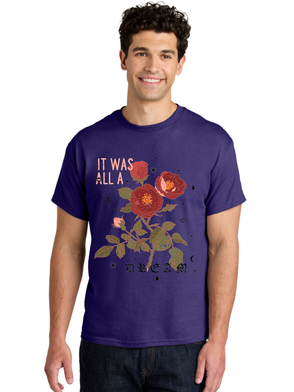 Rose -Men Men'S Graphic Tee, 100% Cotton, Comfortable Casual Summer Wear, Machine Washable, Red Roses, Vintage Illustration, Floral Design, Dreamy Atmosphere, Symbolic Imagery, Retro Aesthetic, Mystical Vibes, Gothic Typography Aae619