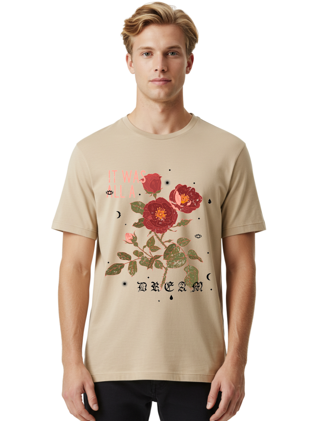Rose -Men Men'S Graphic Tee, 100% Cotton, Comfortable Casual Summer Wear, Machine Washable, Red Roses, Vintage Illustration, Floral Design, Dreamy Atmosphere, Symbolic Imagery, Retro Aesthetic, Mystical Vibes, Gothic Typography Aae619