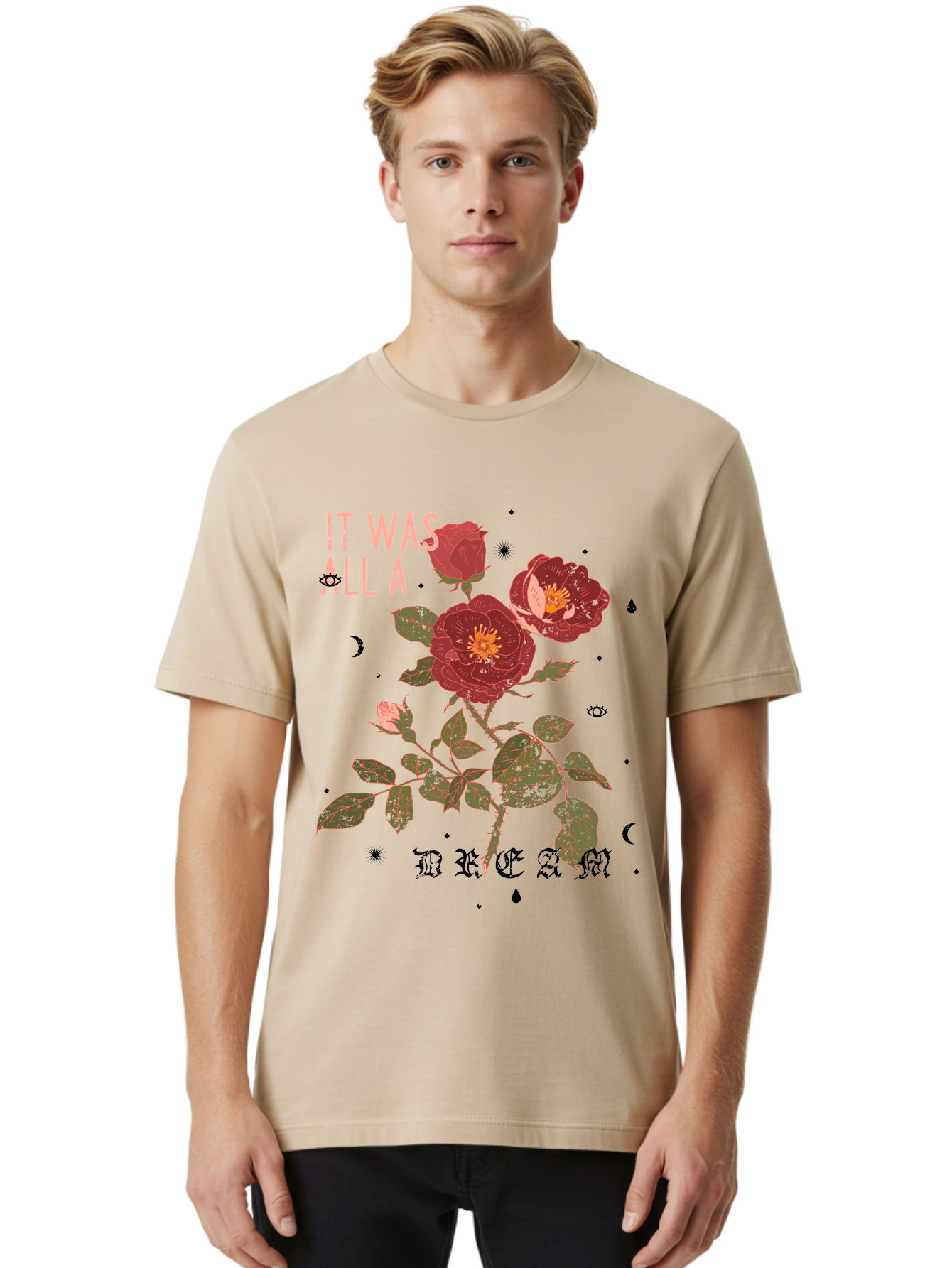 Rose -Men Men'S Graphic Tee, 100% Cotton, Comfortable Casual Summer Wear, Machine Washable, Red Roses, Vintage Illustration, Floral Design, Dreamy Atmosphere, Symbolic Imagery, Retro Aesthetic, Mystical Vibes, Gothic Typography Aae619