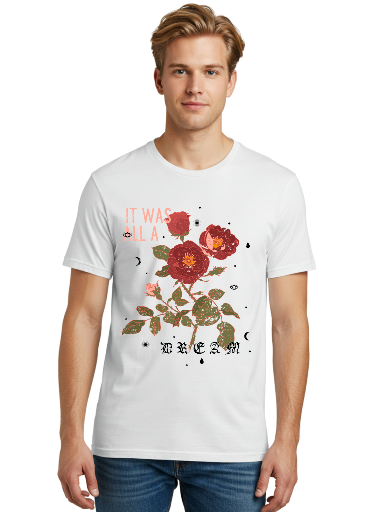 Rose -Men Men'S Graphic Tee, 100% Cotton, Comfortable Casual Summer Wear, Machine Washable, Red Roses, Vintage Illustration, Floral Design, Dreamy Atmosphere, Symbolic Imagery, Retro Aesthetic, Mystical Vibes, Gothic Typography Aae619