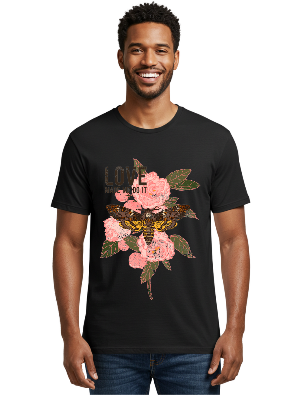 Rose Butterfly -Men Men'S Graphic Tee, 100% Cotton, Comfortable Casual Summer Wear, Machine Washable, Moth On Flowers, Pink Roses, Green Leaves, Love Made Me Do It Quote, Grunge Style, Vintage Aesthetic, Insect Art, Floral Design, Dark Colors, Aae620
