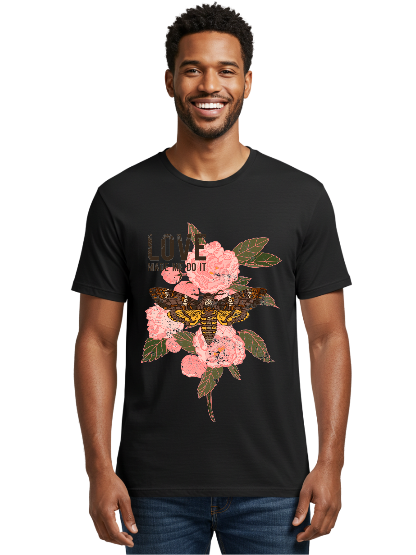 Rose Butterfly -Men Men'S Graphic Tee, 100% Cotton, Comfortable Casual Summer Wear, Machine Washable, Moth On Flowers, Pink Roses, Green Leaves, Love Made Me Do It Quote, Grunge Style, Vintage Aesthetic, Insect Art, Floral Design, Dark Colors, Aae620