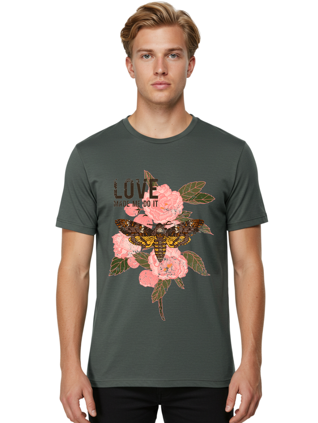 Rose Butterfly -Men Men'S Graphic Tee, 100% Cotton, Comfortable Casual Summer Wear, Machine Washable, Moth On Flowers, Pink Roses, Green Leaves, Love Made Me Do It Quote, Grunge Style, Vintage Aesthetic, Insect Art, Floral Design, Dark Colors, Aae620