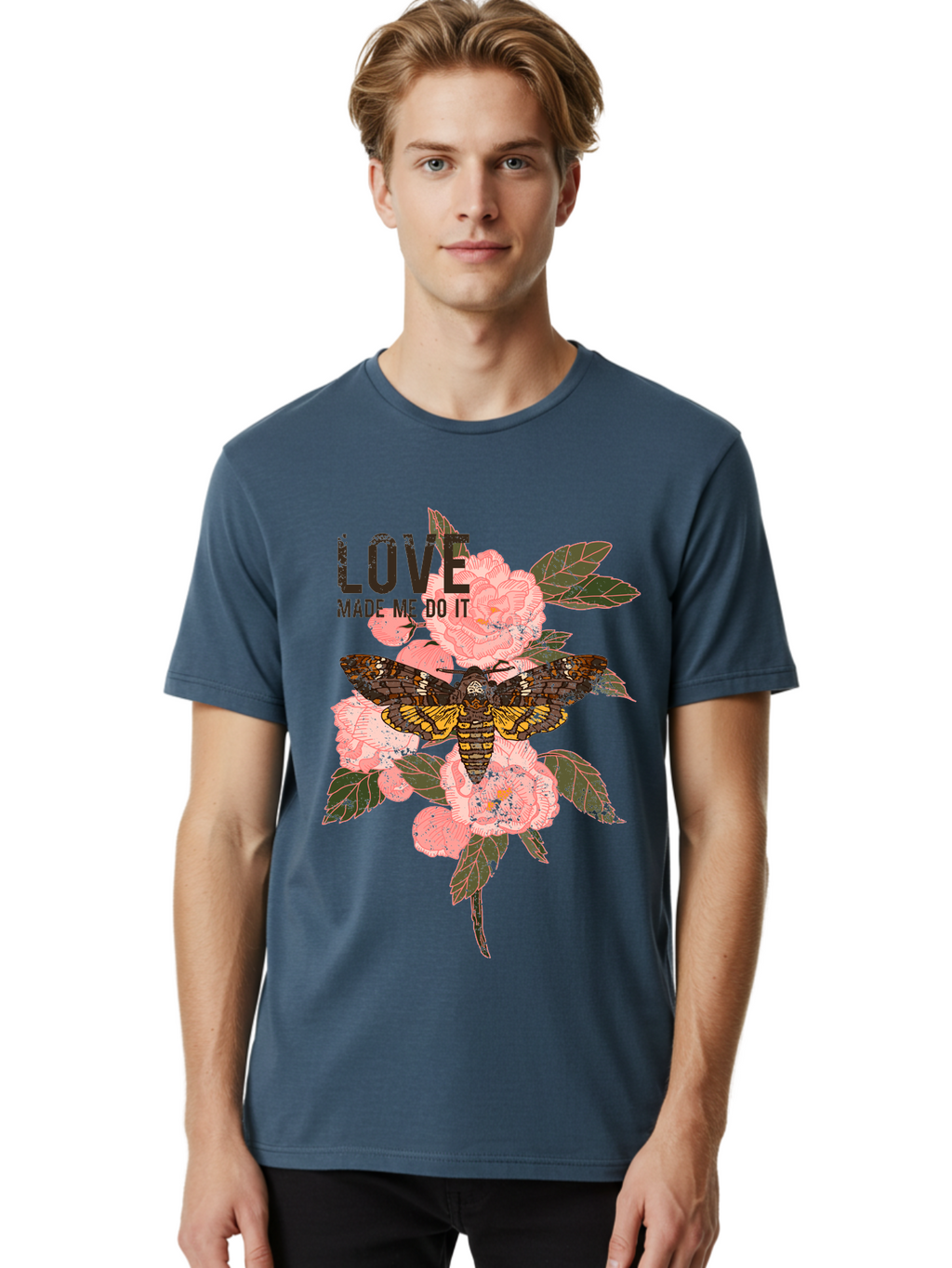 Rose Butterfly -Men Men'S Graphic Tee, 100% Cotton, Comfortable Casual Summer Wear, Machine Washable, Moth On Flowers, Pink Roses, Green Leaves, Love Made Me Do It Quote, Grunge Style, Vintage Aesthetic, Insect Art, Floral Design, Dark Colors, Aae620