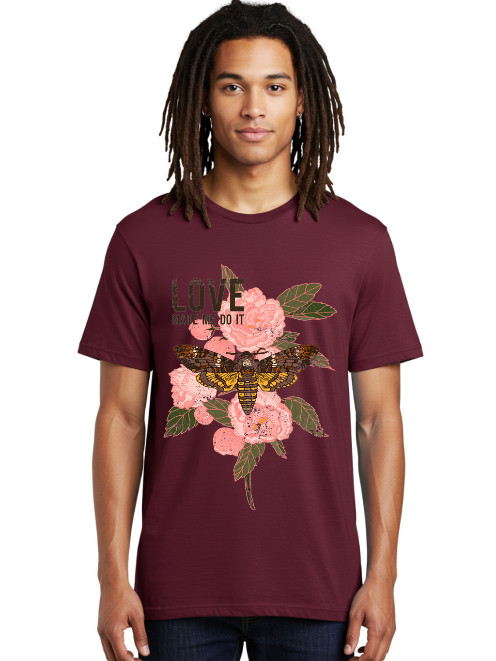 Rose Butterfly -Men Men'S Graphic Tee, 100% Cotton, Comfortable Casual Summer Wear, Machine Washable, Moth On Flowers, Pink Roses, Green Leaves, Love Made Me Do It Quote, Grunge Style, Vintage Aesthetic, Insect Art, Floral Design, Dark Colors, Aae620
