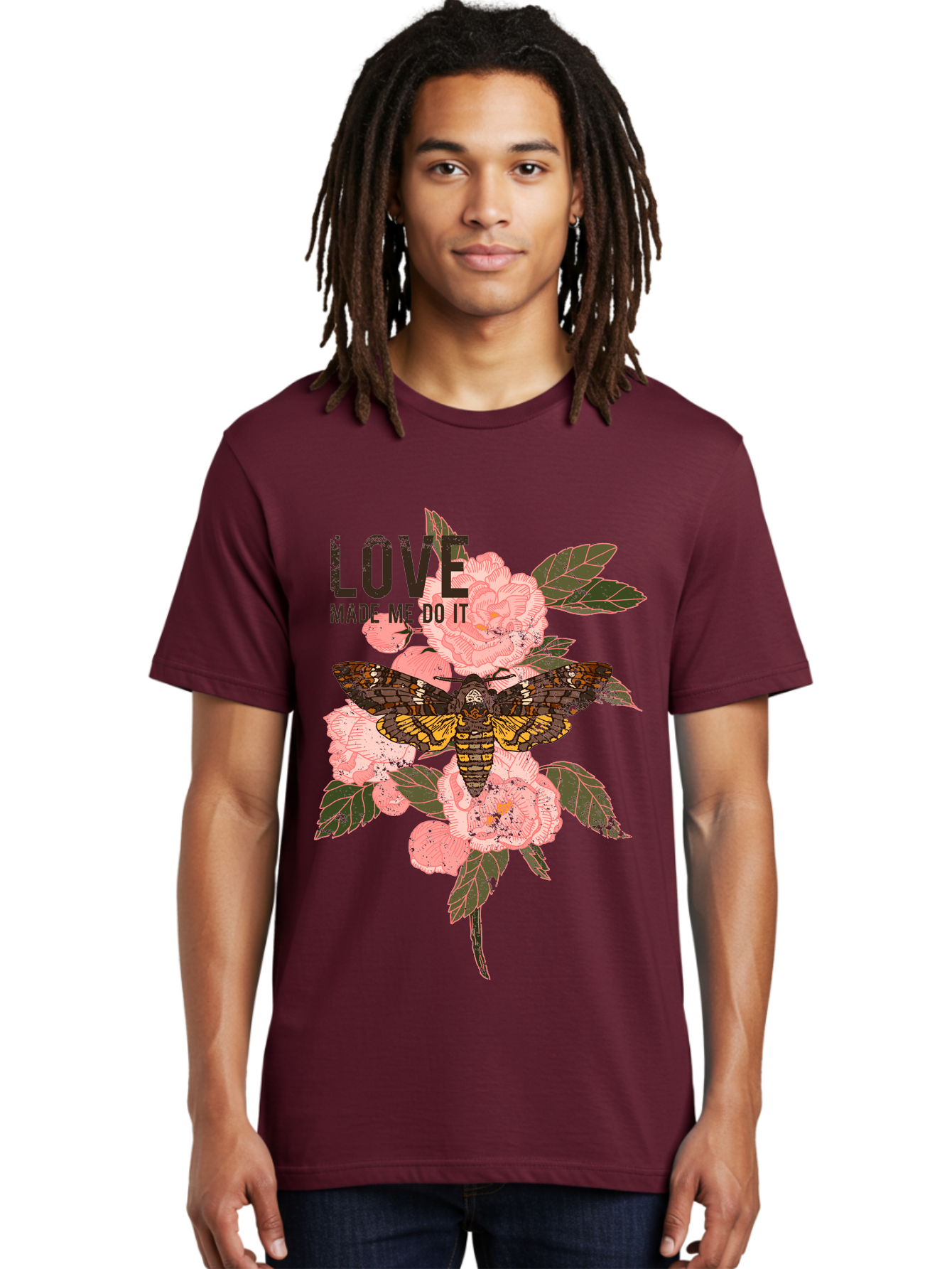 Rose Butterfly -Men Men'S Graphic Tee, 100% Cotton, Comfortable Casual Summer Wear, Machine Washable, Moth On Flowers, Pink Roses, Green Leaves, Love Made Me Do It Quote, Grunge Style, Vintage Aesthetic, Insect Art, Floral Design, Dark Colors, Aae620