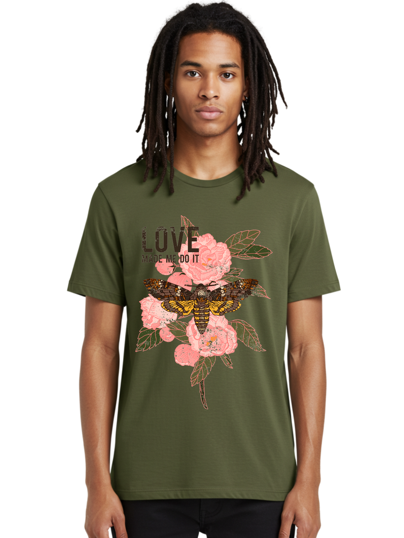 Rose Butterfly -Men Men'S Graphic Tee, 100% Cotton, Comfortable Casual Summer Wear, Machine Washable, Moth On Flowers, Pink Roses, Green Leaves, Love Made Me Do It Quote, Grunge Style, Vintage Aesthetic, Insect Art, Floral Design, Dark Colors, Aae620