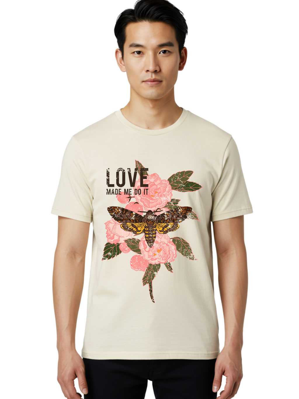 Rose Butterfly -Men Men'S Graphic Tee, 100% Cotton, Comfortable Casual Summer Wear, Machine Washable, Moth On Flowers, Pink Roses, Green Leaves, Love Made Me Do It Quote, Grunge Style, Vintage Aesthetic, Insect Art, Floral Design, Dark Colors, Aae620