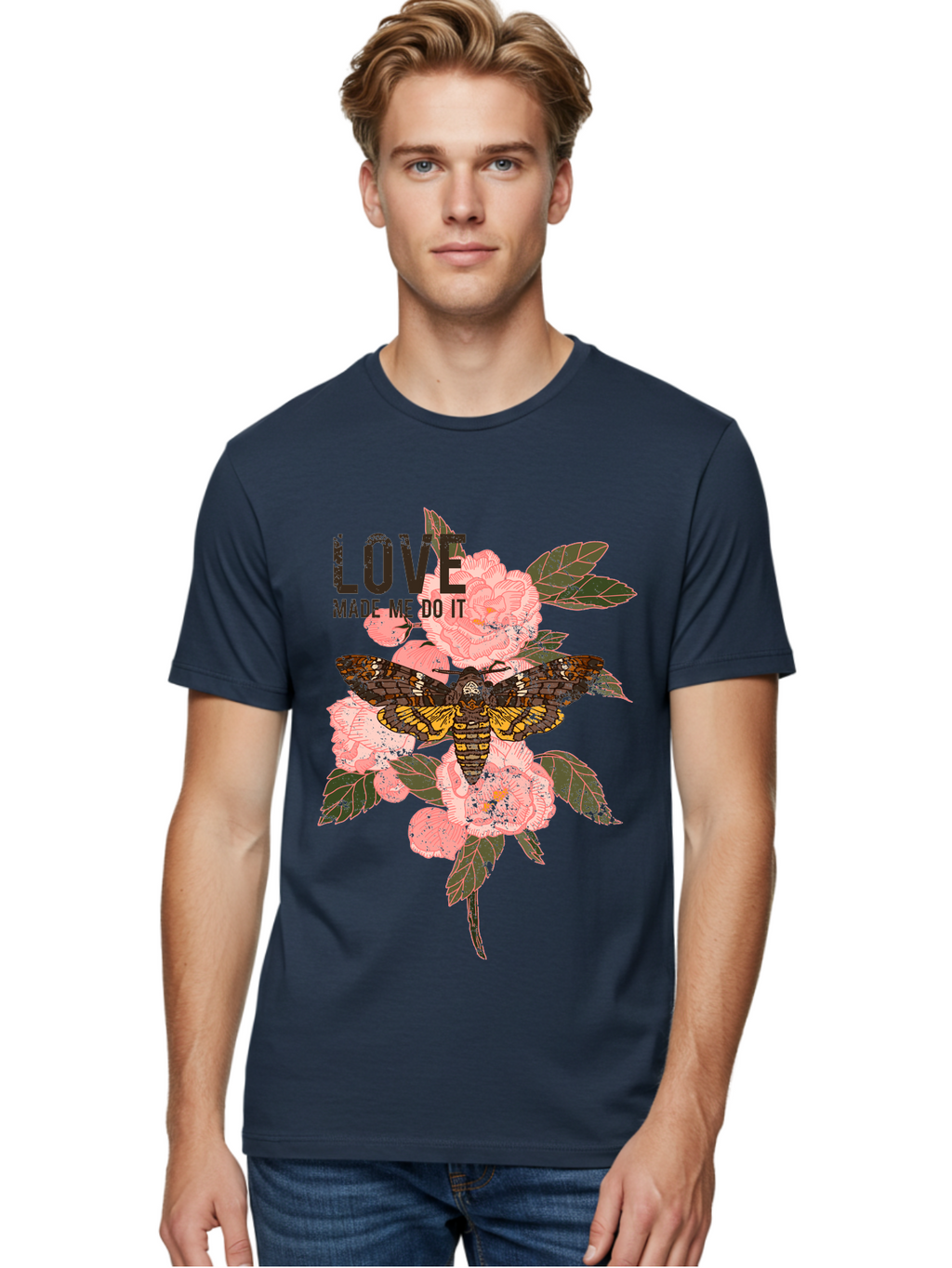 Rose Butterfly -Men Men'S Graphic Tee, 100% Cotton, Comfortable Casual Summer Wear, Machine Washable, Moth On Flowers, Pink Roses, Green Leaves, Love Made Me Do It Quote, Grunge Style, Vintage Aesthetic, Insect Art, Floral Design, Dark Colors, Aae620