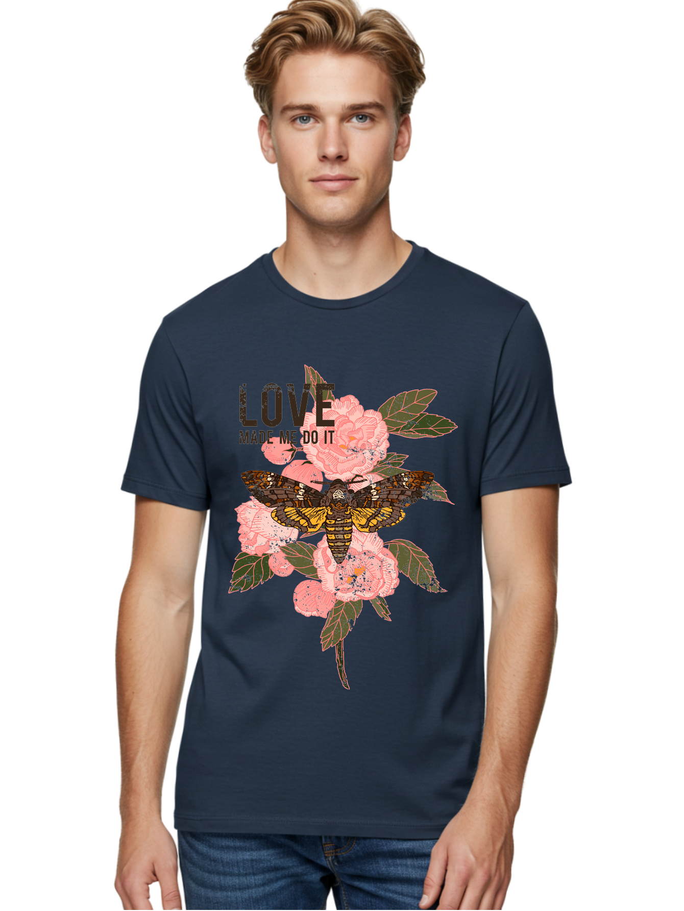 Rose Butterfly -Men Men'S Graphic Tee, 100% Cotton, Comfortable Casual Summer Wear, Machine Washable, Moth On Flowers, Pink Roses, Green Leaves, Love Made Me Do It Quote, Grunge Style, Vintage Aesthetic, Insect Art, Floral Design, Dark Colors, Aae620