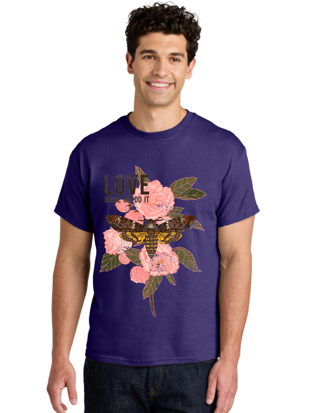 Rose Butterfly -Men Men'S Graphic Tee, 100% Cotton, Comfortable Casual Summer Wear, Machine Washable, Moth On Flowers, Pink Roses, Green Leaves, Love Made Me Do It Quote, Grunge Style, Vintage Aesthetic, Insect Art, Floral Design, Dark Colors, Aae620