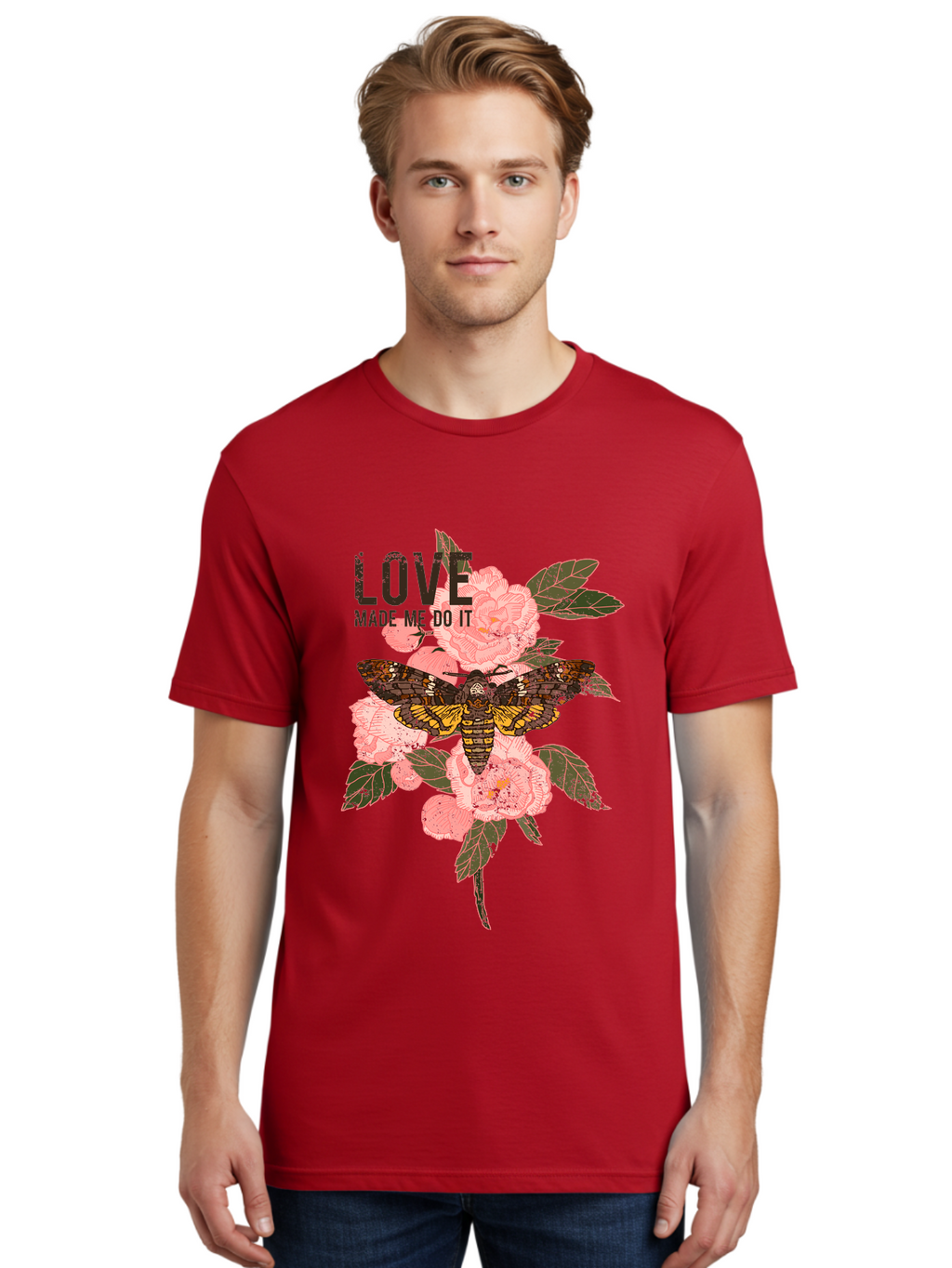 Rose Butterfly -Men Men'S Graphic Tee, 100% Cotton, Comfortable Casual Summer Wear, Machine Washable, Moth On Flowers, Pink Roses, Green Leaves, Love Made Me Do It Quote, Grunge Style, Vintage Aesthetic, Insect Art, Floral Design, Dark Colors, Aae620