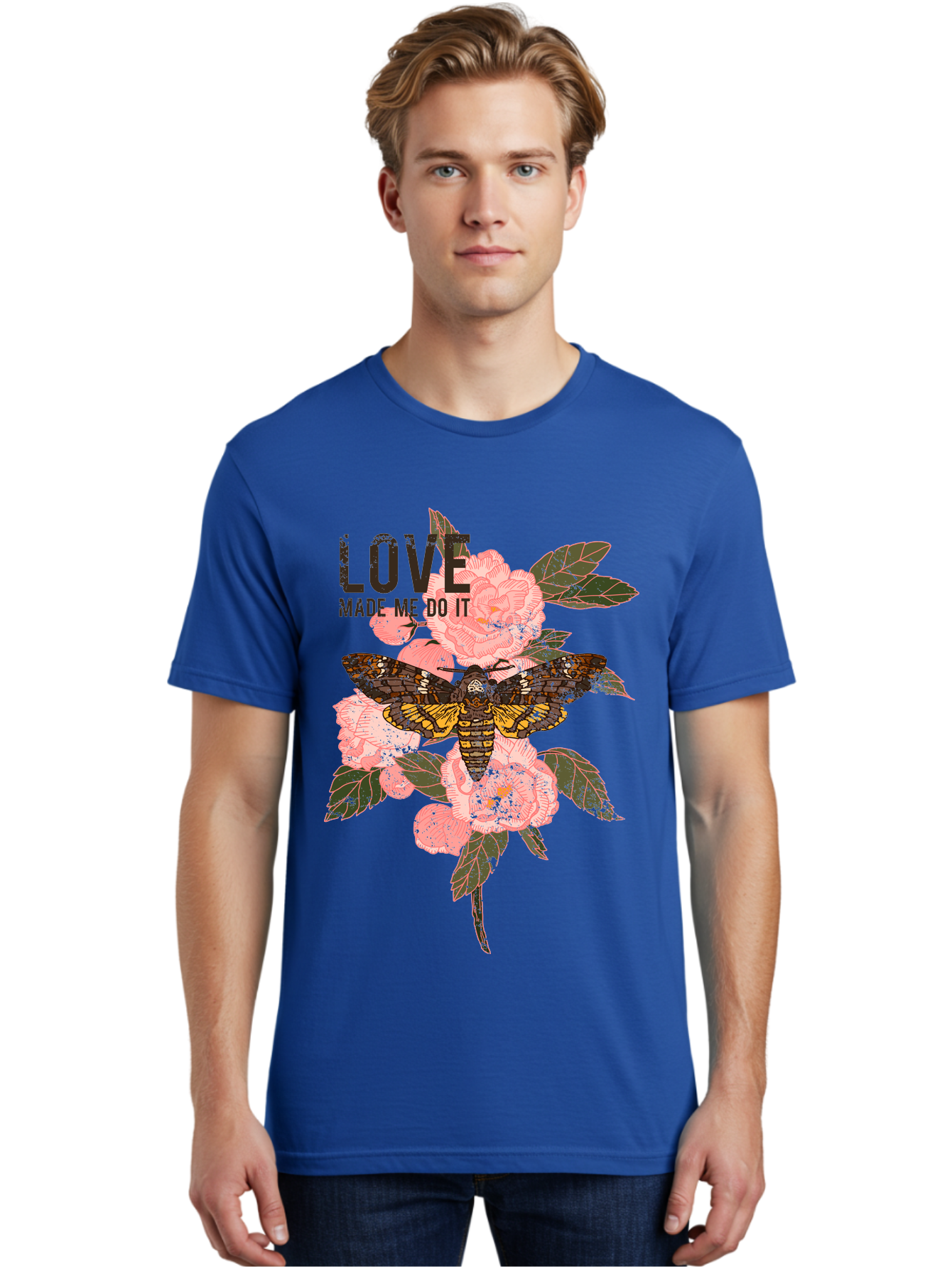 Rose Butterfly -Men Men'S Graphic Tee, 100% Cotton, Comfortable Casual Summer Wear, Machine Washable, Moth On Flowers, Pink Roses, Green Leaves, Love Made Me Do It Quote, Grunge Style, Vintage Aesthetic, Insect Art, Floral Design, Dark Colors, Aae620