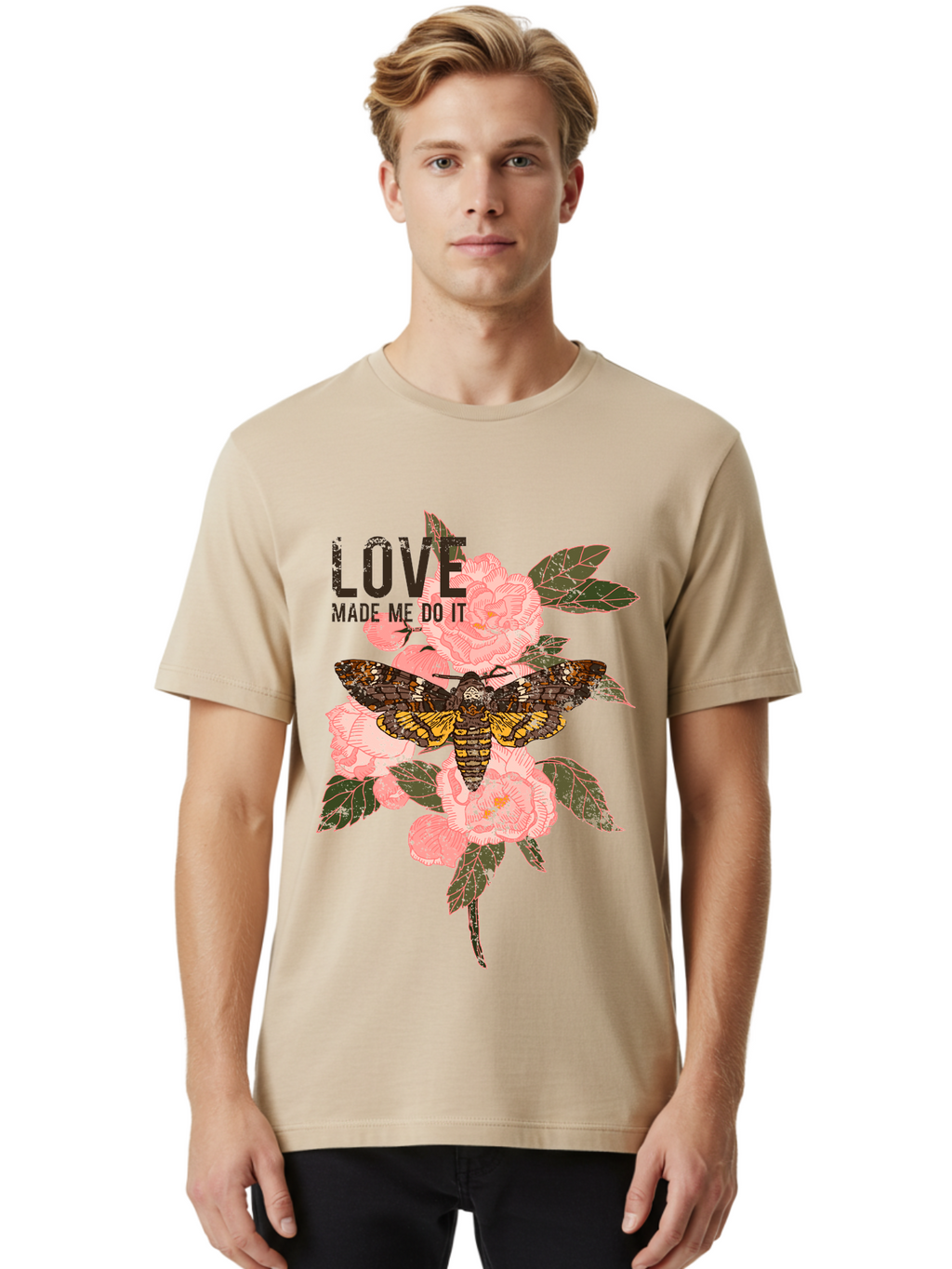 Rose Butterfly -Men Men'S Graphic Tee, 100% Cotton, Comfortable Casual Summer Wear, Machine Washable, Moth On Flowers, Pink Roses, Green Leaves, Love Made Me Do It Quote, Grunge Style, Vintage Aesthetic, Insect Art, Floral Design, Dark Colors, Aae620