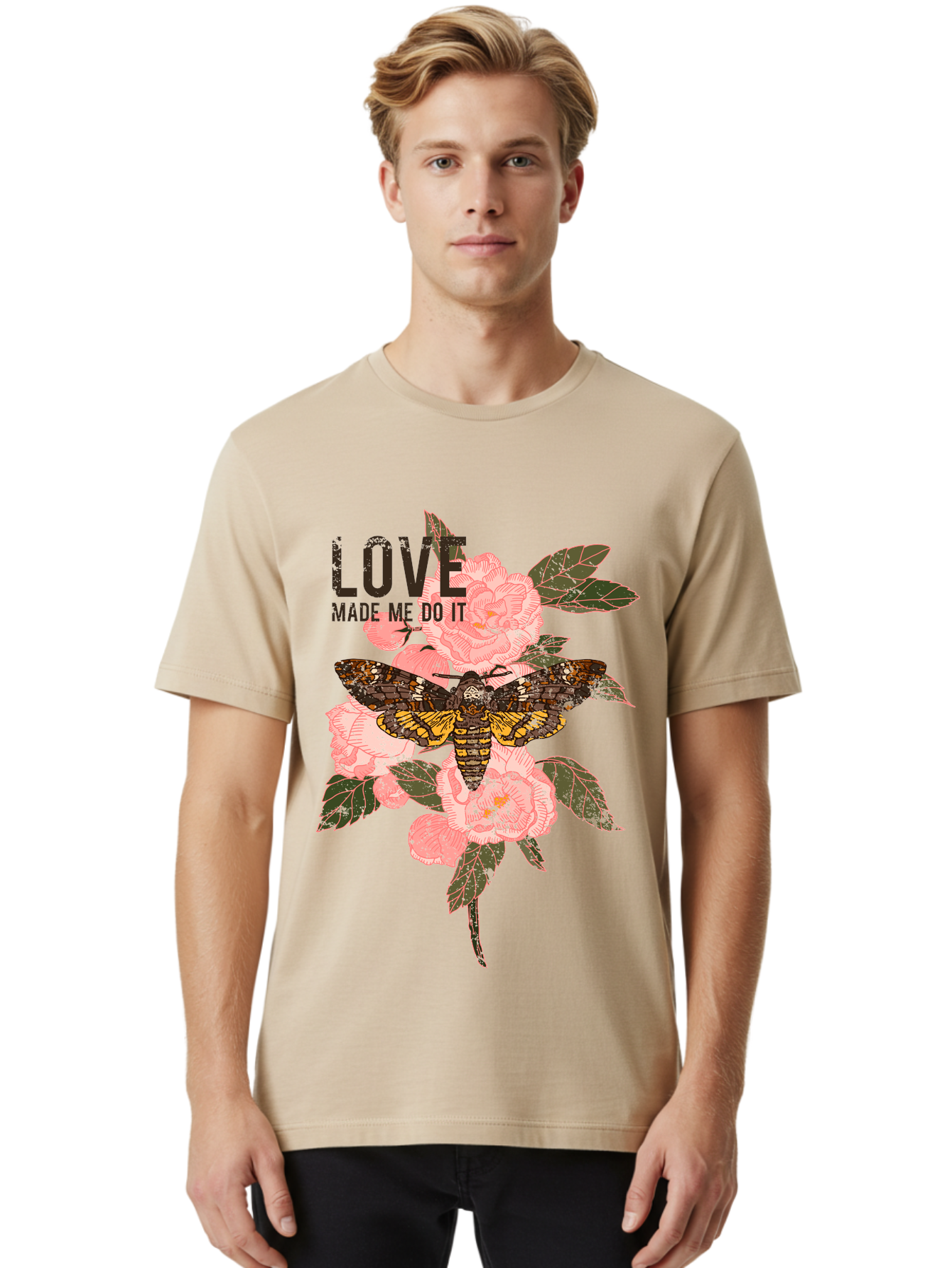 Rose Butterfly -Men Men'S Graphic Tee, 100% Cotton, Comfortable Casual Summer Wear, Machine Washable, Moth On Flowers, Pink Roses, Green Leaves, Love Made Me Do It Quote, Grunge Style, Vintage Aesthetic, Insect Art, Floral Design, Dark Colors, Aae620