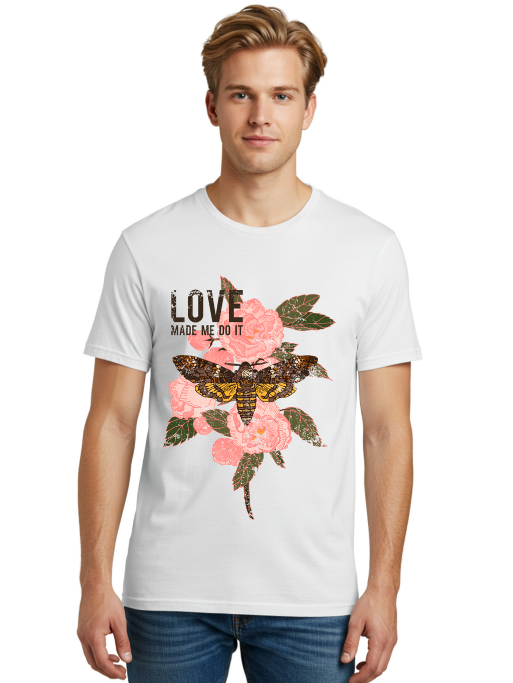 Rose Butterfly -Men Men'S Graphic Tee, 100% Cotton, Comfortable Casual Summer Wear, Machine Washable, Moth On Flowers, Pink Roses, Green Leaves, Love Made Me Do It Quote, Grunge Style, Vintage Aesthetic, Insect Art, Floral Design, Dark Colors, Aae620