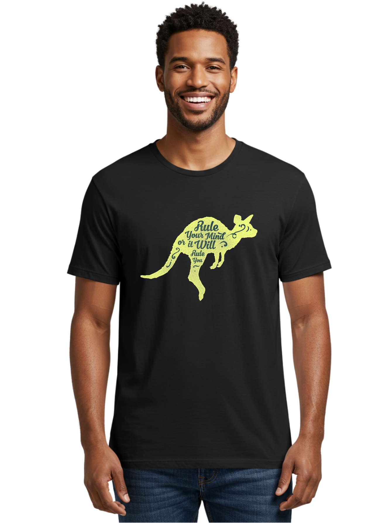Rule Your Mind Men'S Graphic Tee, 100% Cotton, Comfortable Casual Summer Wear, Machine Washable, Motivational Quote, Kangaroo Silhouette, Inspirational Message, Mental Discipline, Positive Thinking, Rule Your Mind Or It Will Rule You, Aae624
