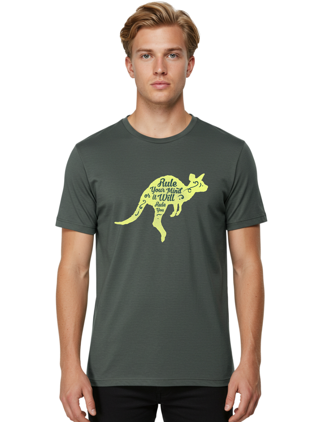 Rule Your Mind Men'S Graphic Tee, 100% Cotton, Comfortable Casual Summer Wear, Machine Washable, Motivational Quote, Kangaroo Silhouette, Inspirational Message, Mental Discipline, Positive Thinking, Rule Your Mind Or It Will Rule You, Aae624