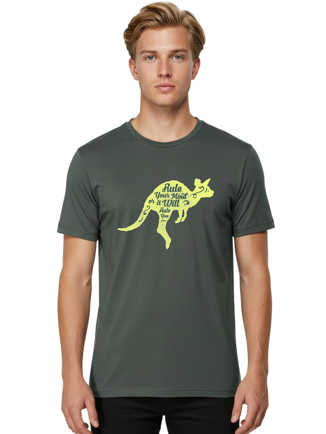 Rule Your Mind Men'S Graphic Tee, 100% Cotton, Comfortable Casual Summer Wear, Machine Washable, Motivational Quote, Kangaroo Silhouette, Inspirational Message, Mental Discipline, Positive Thinking, Rule Your Mind Or It Will Rule You, Aae624