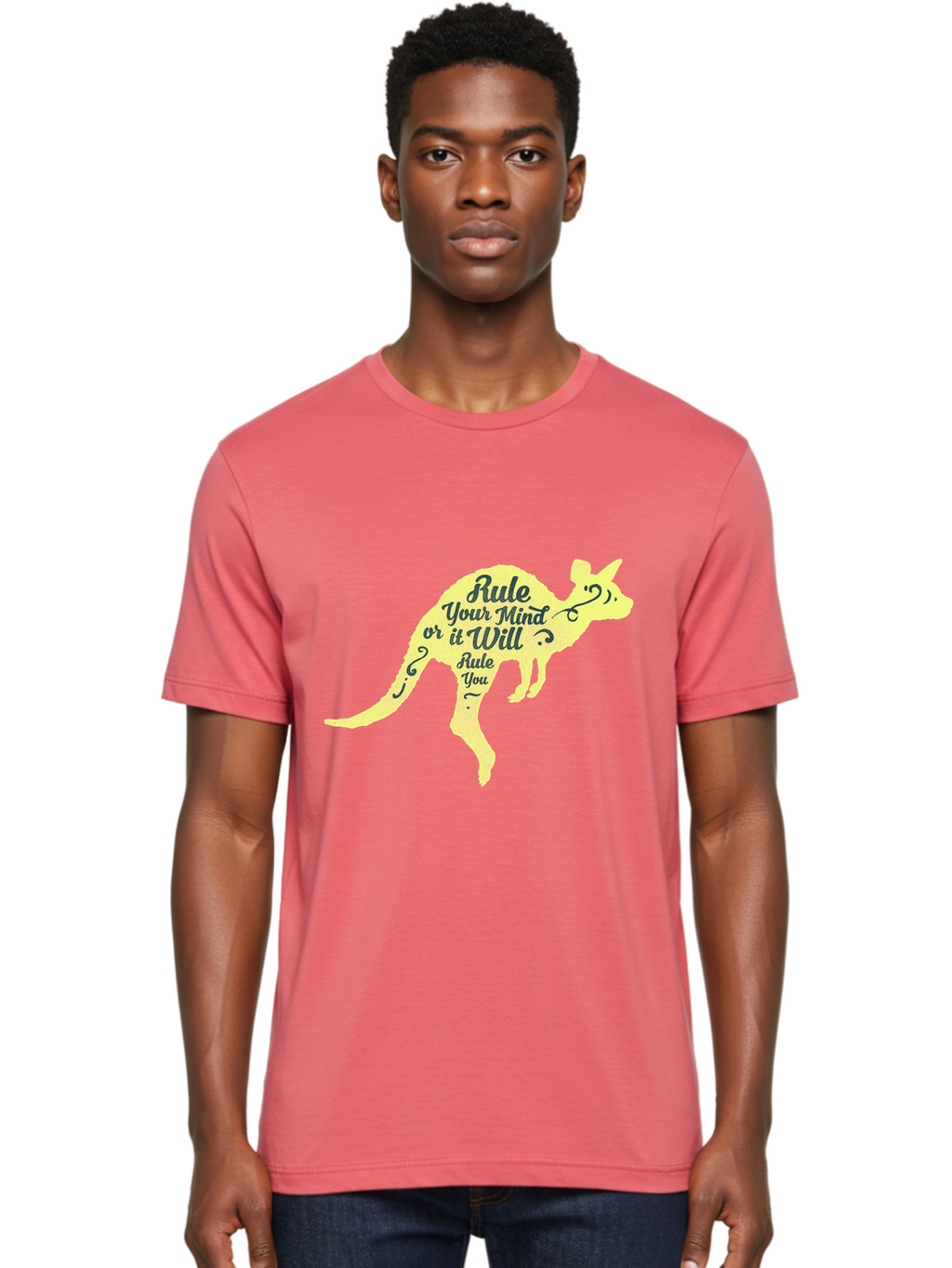 Rule Your Mind Men'S Graphic Tee, 100% Cotton, Comfortable Casual Summer Wear, Machine Washable, Motivational Quote, Kangaroo Silhouette, Inspirational Message, Mental Discipline, Positive Thinking, Rule Your Mind Or It Will Rule You, Aae624