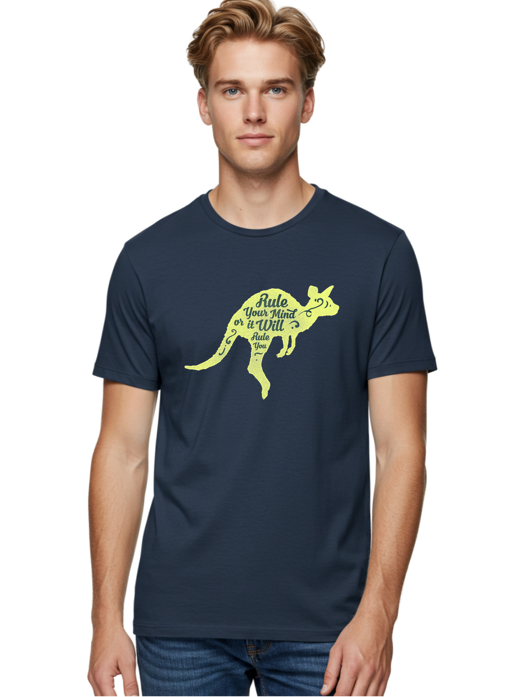 Rule Your Mind Men'S Graphic Tee, 100% Cotton, Comfortable Casual Summer Wear, Machine Washable, Motivational Quote, Kangaroo Silhouette, Inspirational Message, Mental Discipline, Positive Thinking, Rule Your Mind Or It Will Rule You, Aae624