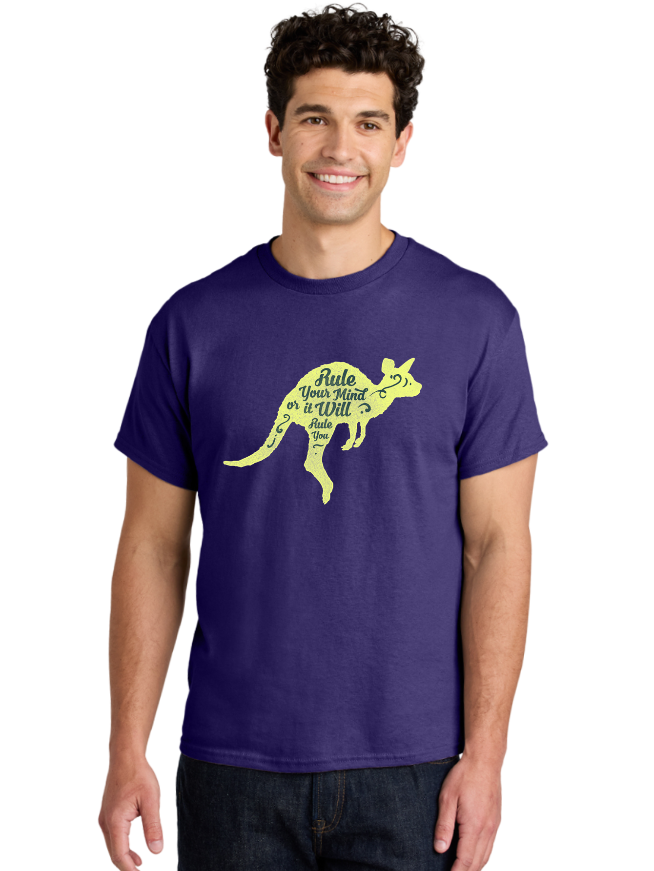 Rule Your Mind Men'S Graphic Tee, 100% Cotton, Comfortable Casual Summer Wear, Machine Washable, Motivational Quote, Kangaroo Silhouette, Inspirational Message, Mental Discipline, Positive Thinking, Rule Your Mind Or It Will Rule You, Aae624