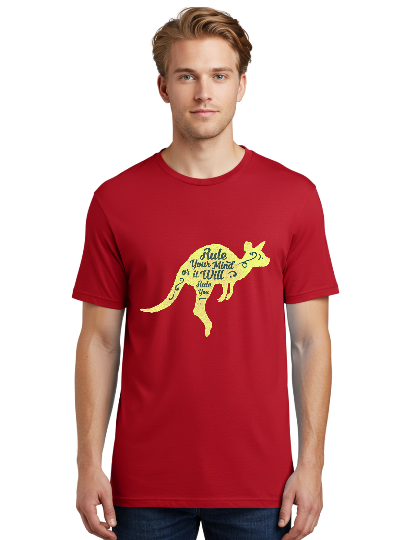 Rule Your Mind Men'S Graphic Tee, 100% Cotton, Comfortable Casual Summer Wear, Machine Washable, Motivational Quote, Kangaroo Silhouette, Inspirational Message, Mental Discipline, Positive Thinking, Rule Your Mind Or It Will Rule You, Aae624
