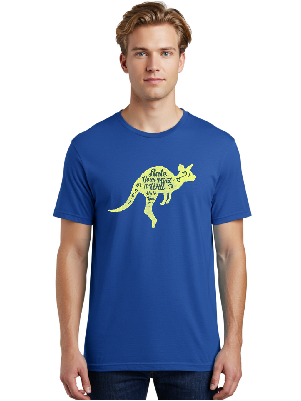 Rule Your Mind Men'S Graphic Tee, 100% Cotton, Comfortable Casual Summer Wear, Machine Washable, Motivational Quote, Kangaroo Silhouette, Inspirational Message, Mental Discipline, Positive Thinking, Rule Your Mind Or It Will Rule You, Aae624