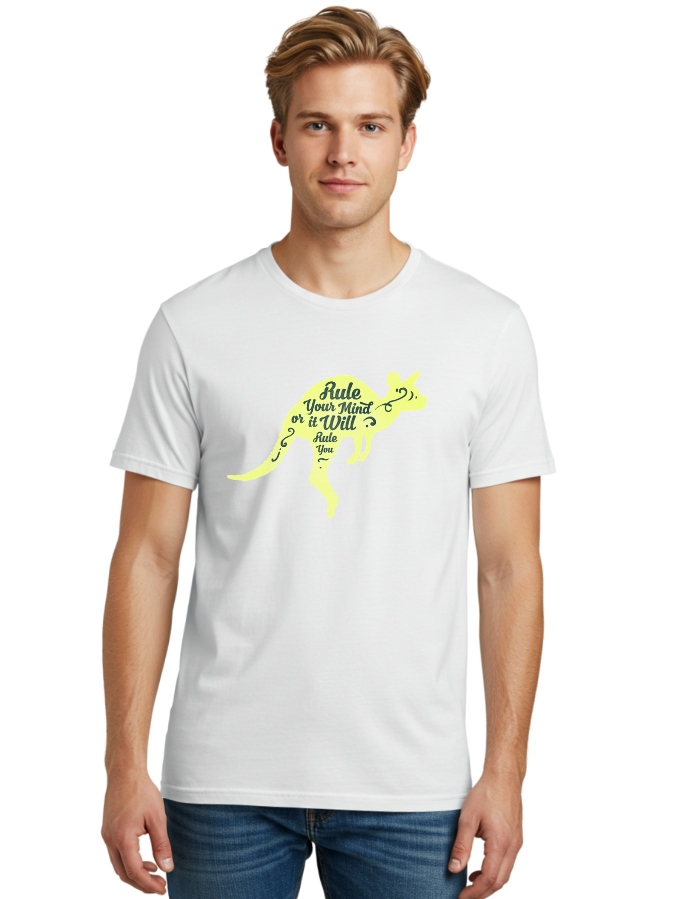 Rule Your Mind Men'S Graphic Tee, 100% Cotton, Comfortable Casual Summer Wear, Machine Washable, Motivational Quote, Kangaroo Silhouette, Inspirational Message, Mental Discipline, Positive Thinking, Rule Your Mind Or It Will Rule You, Aae624