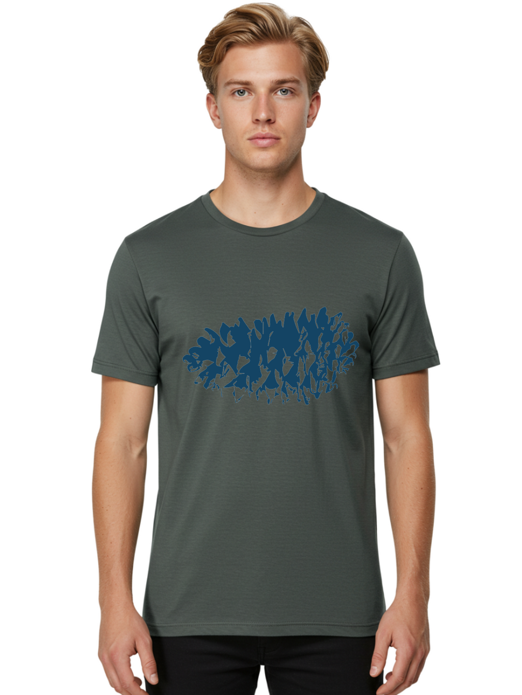 Rustic Pine Cluster Men'S Graphic Tee, 100% Cotton, Comfortable Casual Summer Wear, Machine Washable, Silhouette Of Horses, Group Of Horses, Galloping Horses, Abstract Horses, Dark Blue Horses, Dynamic Movement, Chaotic Movement, Horse Shapes, Aae627