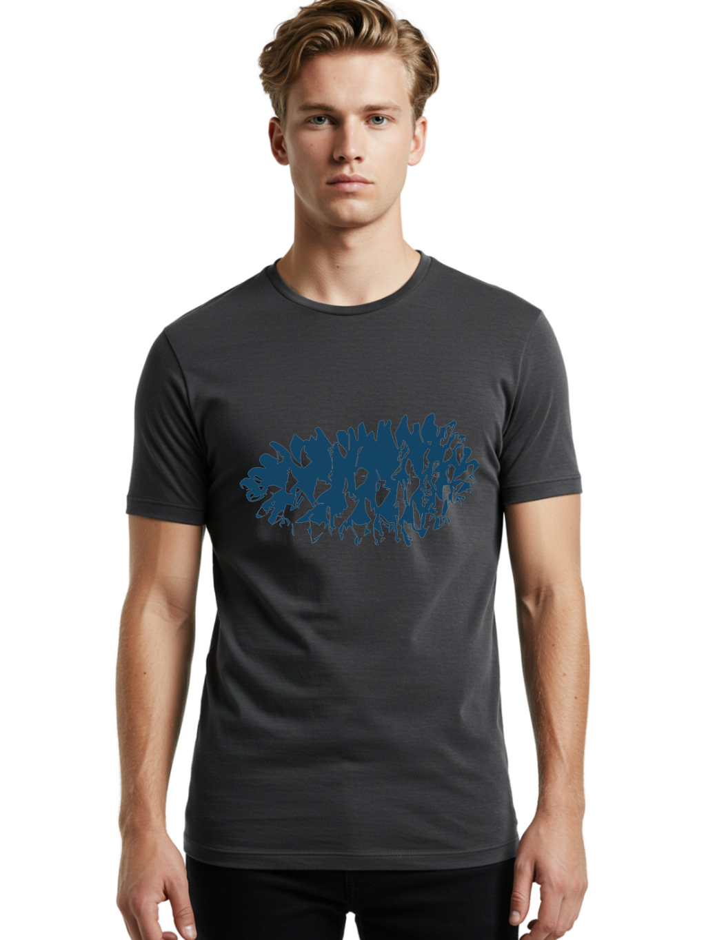 Rustic Pine Cluster Men'S Graphic Tee, 100% Cotton, Comfortable Casual Summer Wear, Machine Washable, Silhouette Of Horses, Group Of Horses, Galloping Horses, Abstract Horses, Dark Blue Horses, Dynamic Movement, Chaotic Movement, Horse Shapes, Aae627